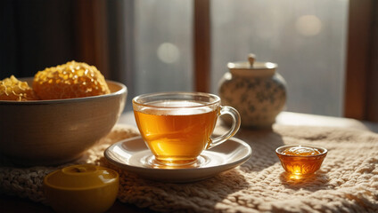 A warm cup of herbal tea with cinnamon sticks and fresh ingredients