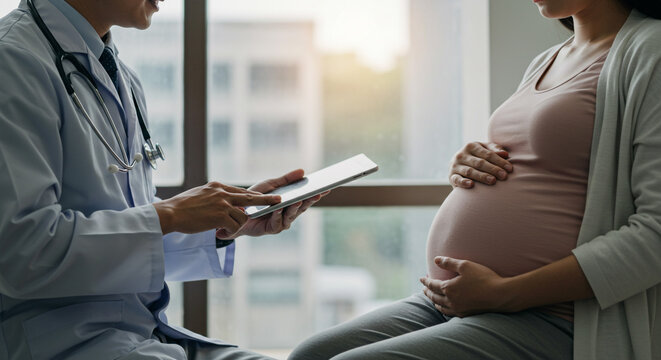 Doctor consulting with pregnant woman holding tablet in office with window background medical scene