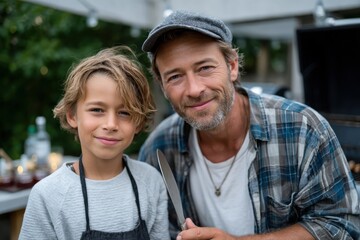 Obraz premium A father and son smile together while preparing a meal outdoors, highlighting their bond and the joy of sharing culinary experiences in a casual and relaxed setting.