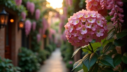 Pink Hydrangea Blooms Adorn a Quaint Alleyway with Decorative Lighting