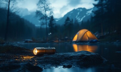 Camping scene nighttime mountain lake flashlight