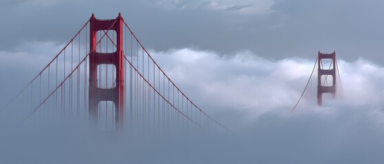 Fototapeta premium The iconic Golden Gate Bridge peeks through ethereal fog, creating a surreal arching silhouette in nature's embrace.