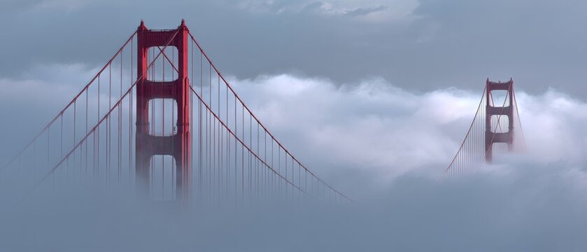 The iconic Golden Gate Bridge peeks through ethereal fog, creating a surreal arching silhouette in nature's embrace. - Powered by Adobe