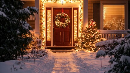 A front porch with a beautiful wreath, festive lights, and a snowy path leading to the door