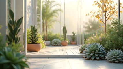 Lush Indoor Garden with Succulents and Tropical Plants in Bright Conservatory