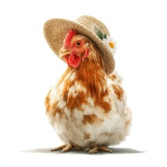 Charming chicken wearing a straw hat with flowers. Soft watercolor illustration