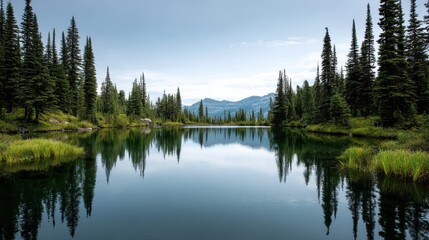 Natural Lake Scene with Pine Trees