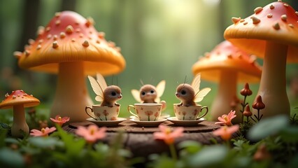 Magical Woodland Tea Party with Fairy Mice in a Mushroom Ring 