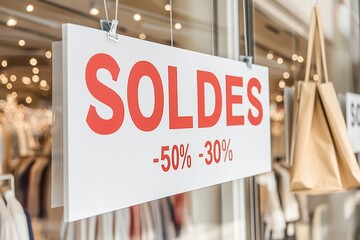 Storefront promotion highlights sales with vibrant signs of percents in shopping center.