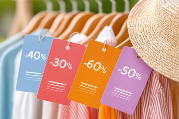 Colorful discount tags hanging on clothes and straw hat during summer sales