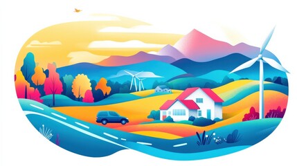 Colorful landscape with rolling hills and wind turbines depicting nature and sustainability