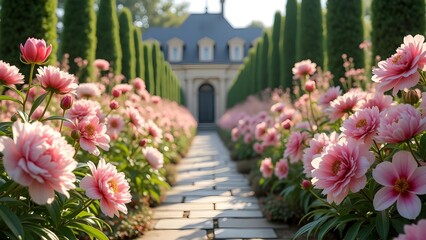 Picturesque Garden Pathway with Pink Flowers Leading to Elegant Country Estate