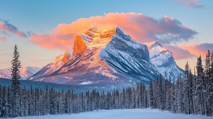A dramatic mountain peak covered in snow, illuminated by the golden light of sunrise