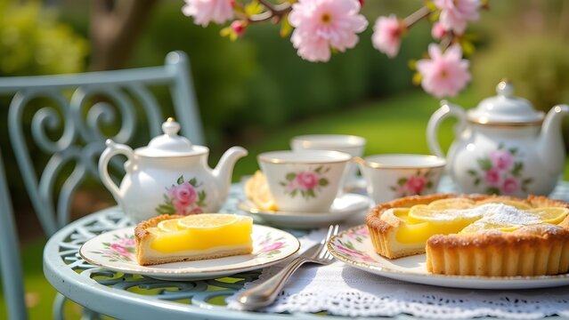 Elegant outdoor afternoon tea with lemon tart, antique china, and pink blossoms on a sunny spring day