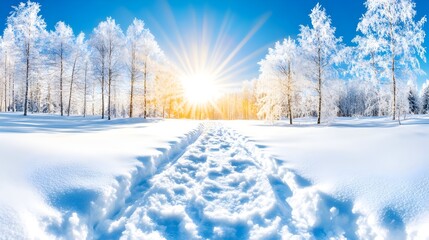 Obraz premium A sun-drenched winter scene showcases a snow-covered path winding through a frosty forest, the bright sun radiating warmth amidst the pristine white landscape