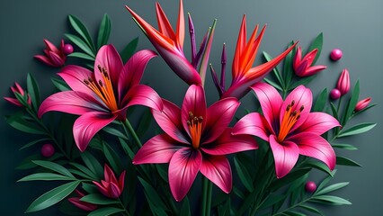 Fototapeta premium Elegant still life featuring pink lilies and bird of paradise flowers on a dark background. Floral arrangement