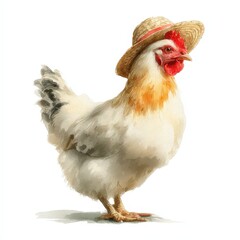 Fototapeta premium Charming chicken wearing a straw hat on a white background. Soft watercolor illustration