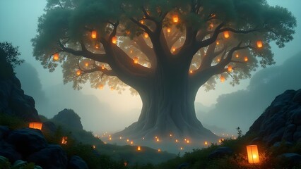 Mystical Tree with Glowing Lanterns in Dreamlike Landscape