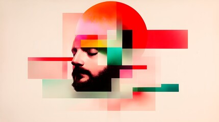 Abstract portrait of a bearded man, his face fragmented into vibrant, geometric shapes and translucent blocks of red, pink, teal, and yellow against a muted beige background