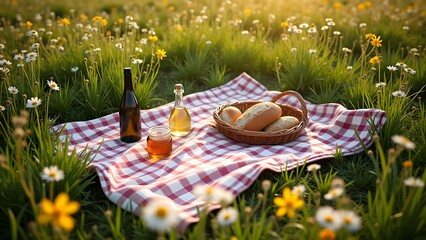 Idyllic Picnic Scene with Bread, Drinks, and Honey on a Checkered Blanket in a Flowery Meadow