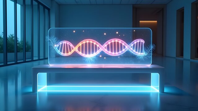 Glowing Holographic DNA Model on Display for Scientific Innovation and Genetic Research