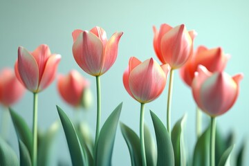 Naklejka premium Close up of Delicate Coral Pink Tulips in Bloom Spring Flowers