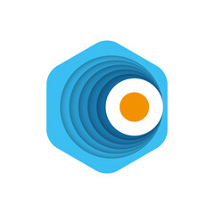 Layered blue waves and orange sun abstract logo design hexagon shape in modern minimal style, symbolizing nature, summer, sea energy, warmth, water movement, and creative branding for eco projects.