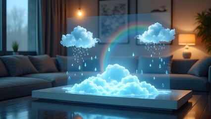 Weather Hologram Displaying Rain and Rainbow in Modern Living Room