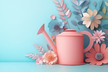 Pastel Pink Watering Can with Paper Flowers Spring Gardening Concept