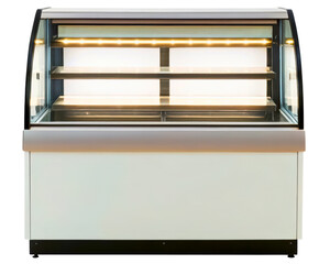 Commercial refrigerated display case with curved glass on a transparent background