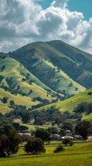 Obraz premium Rolling Green Hills Landscape Aerial View in Adelaide South Australia with Cloudy Sky and Rural Town