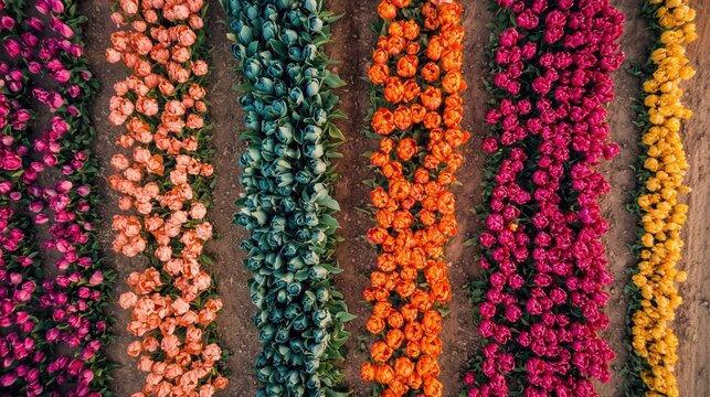 A drone shot of a colorful tulip farm with rows of bright flowers