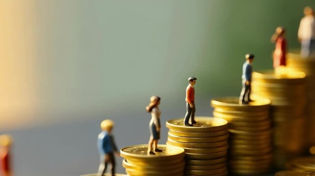 Miniature people standing on stacks of coins of different heights symbolizing income inequality, wage gap, social class differences, and economic disparity in society.