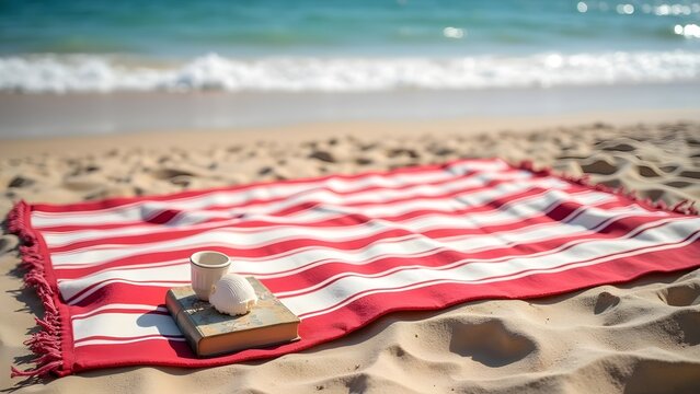 Beach Relaxation: Striped Blanket with Book, Shell, and Cup by the Ocean on a Sunny Day