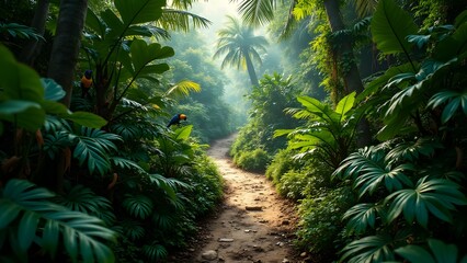 Lush Tropical Forest Path with Exotic Bird and Sunlight, Serene Tropical Nature