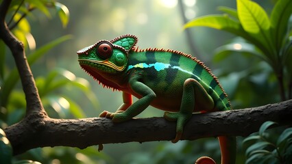 Vibrant Chameleon Perched on Branch in Lush Jungle Setting