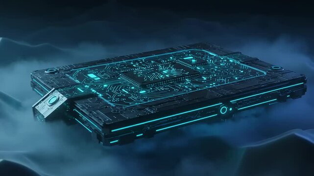 Futuristic circuit board hovering above a misty surface.