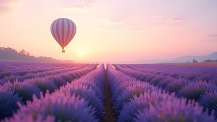 Fototapeta premium Lavender Field at Sunrise with Hot Air Balloon, Scenic Landscape, Travel Destination