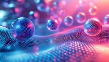 Holographic Kinetic Spheres, A vibrant 3D abstract background with kinetic spheres in neon cyan and coral,