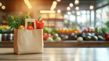 Fresh grocery bag filled with vegetables placed on a wooden table in a vibrant market setting