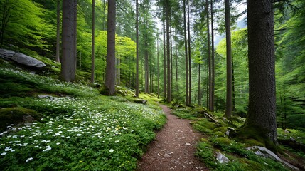 Fototapeta premium Serene Springtime Forest Path with Fresh Green Growth and Vibrant Wildflowers Underneath Tall Trees