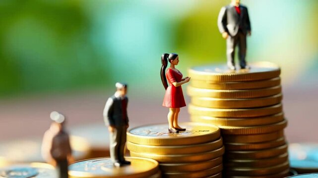 Miniature people standing on stacks of coins of different heights symbolizing income inequality, wage gap, social class differences, and economic disparity in society.