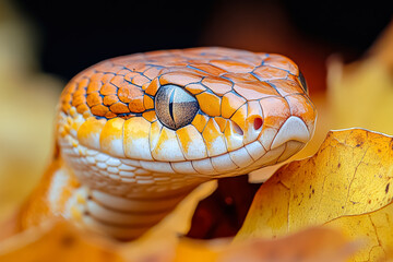 Fototapeta premium Snake is shown in a close up of its face, with its head resting on a leaf. The snake is brown and white, and its eyes are large and prominent. Concept of curiosity and intrigue