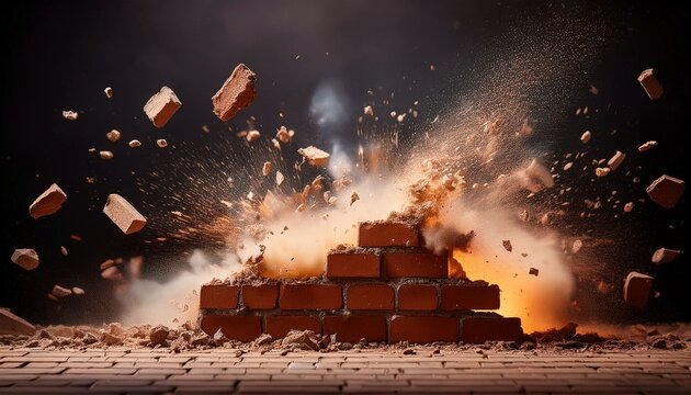 exploding brick wall with debris and dust in motion against a dark background