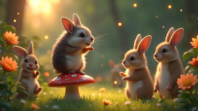 Enchanting Rabbits in a Sunlit Meadow with Mushroom