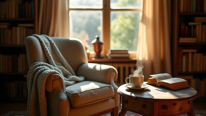 Cozy Reading Nook: Armchair, Book, and Coffee in a Sunlit Library for a Relaxing Moment at Home