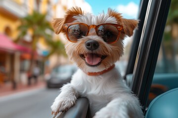 a small dog wearing sunglasses and sitting in the driver&rsquo;s seat of a vintage car, hand on the window frame, vibrant city street in the background, sunny day