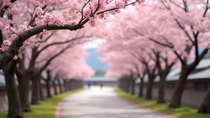 Pink Cherry Blossom Tree Avenue in Spring Landscape