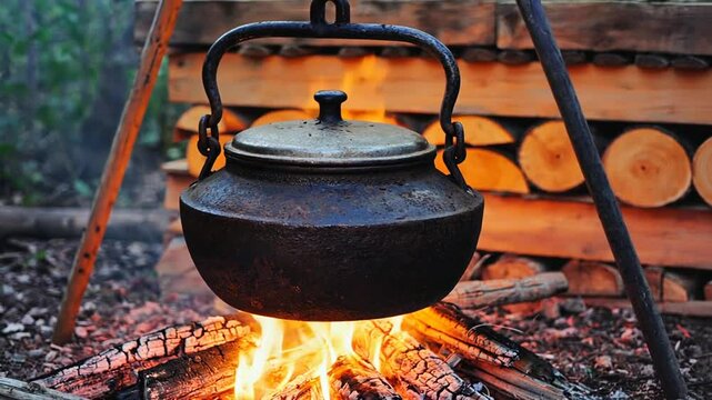 Cooking a pot on a campfire.