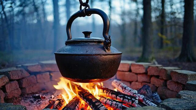 Cooking a pot on a campfire.
